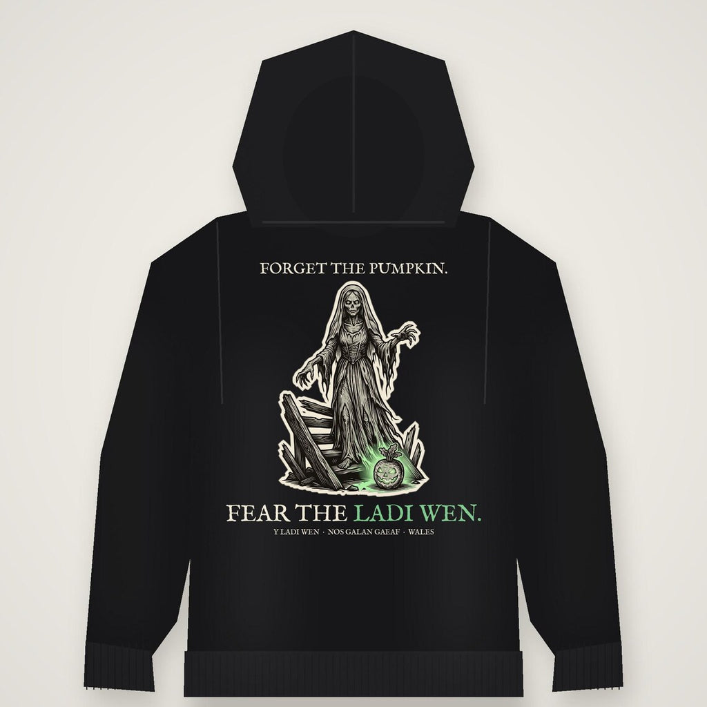 Ladi Wen Welsh Folklore Hoodie, Woodcut Print Halloween Outfit (Jet Black)
