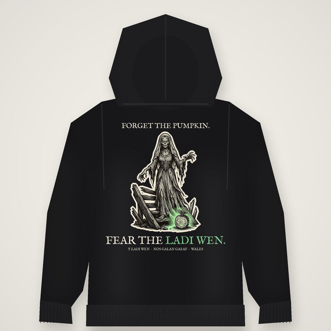 Ladi Wen Welsh Folklore Hoodie, Woodcut Print Halloween Outfit (Jet Black)