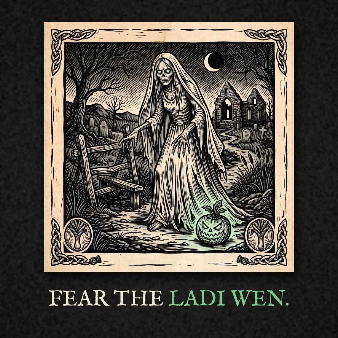 Ladi Wen Welsh Folklore Hoodie, Woodcut Print Halloween Outfit (Jet Black)
