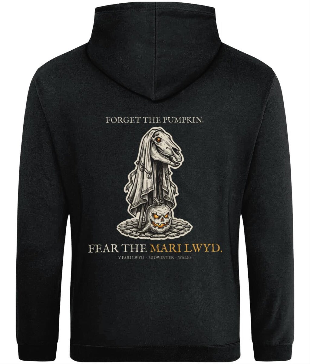 Mari Lwyd Welsh Folklore Hoodie, Woodcut Print Christmas Outfit (Jet Black)
