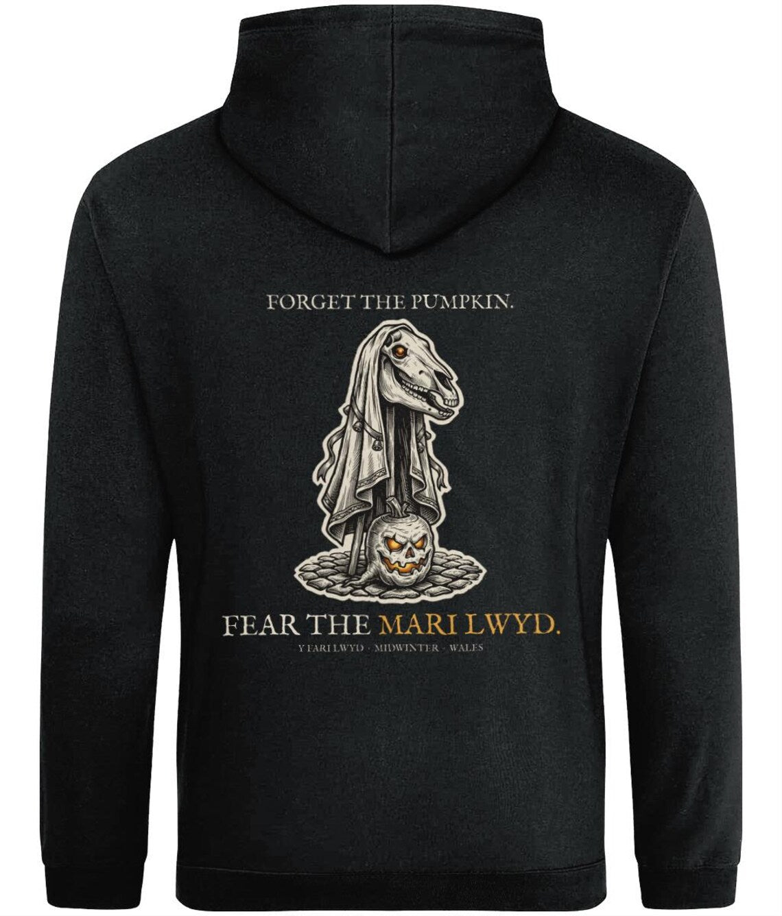 Mari Lwyd Welsh Folklore Hoodie, Woodcut Print Christmas Outfit (Jet Black)