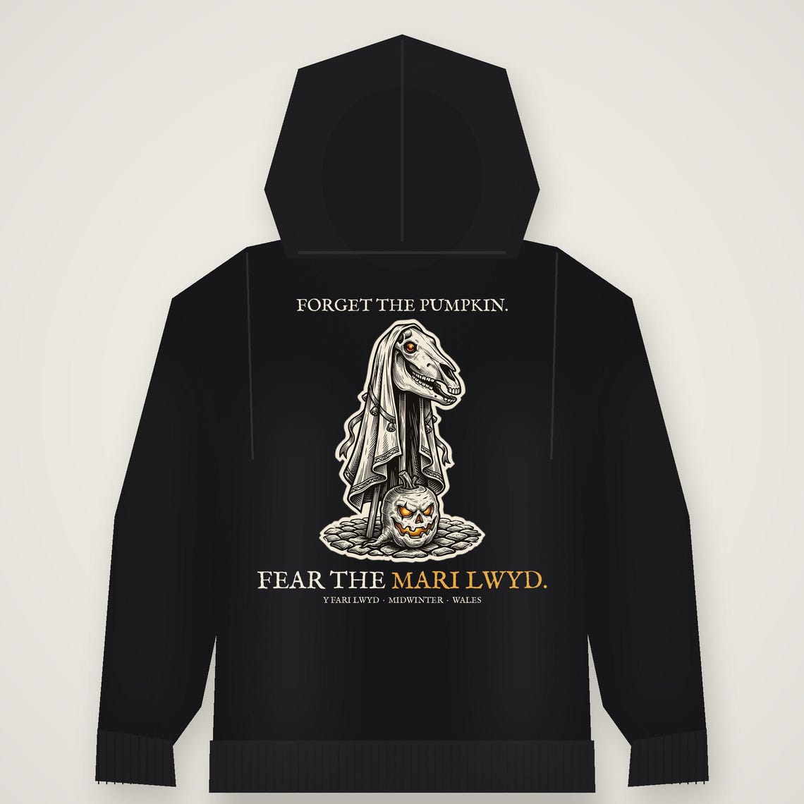 Mari Lwyd Welsh Folklore Hoodie, Woodcut Print Christmas Outfit (Jet Black)