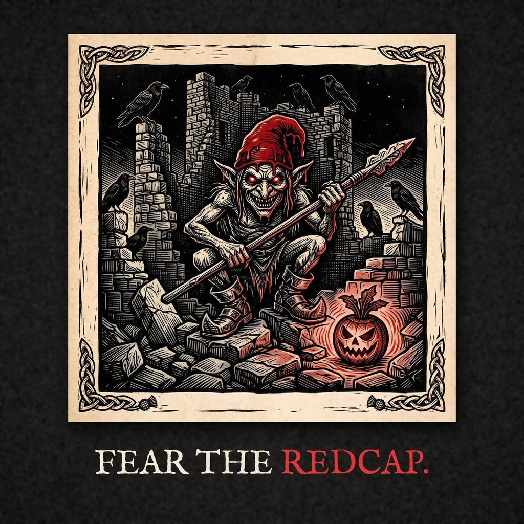 Redcap Halloween Hoodie, Scottish Folklore Gothic Horror Print (Woodcut Style)