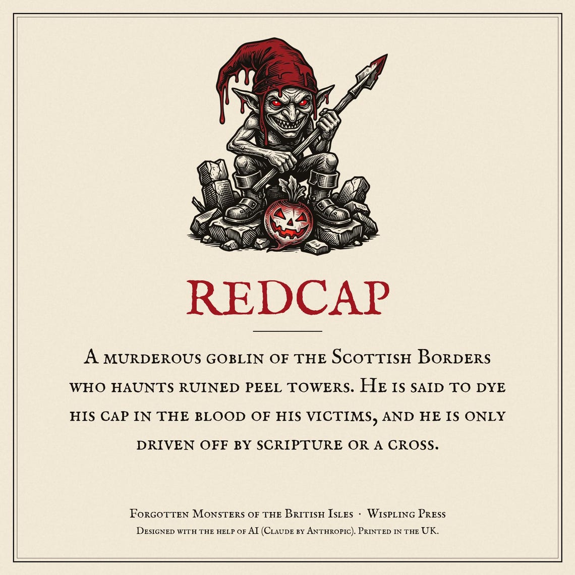 Redcap Halloween Hoodie, Scottish Folklore Gothic Horror Print (Woodcut Style)