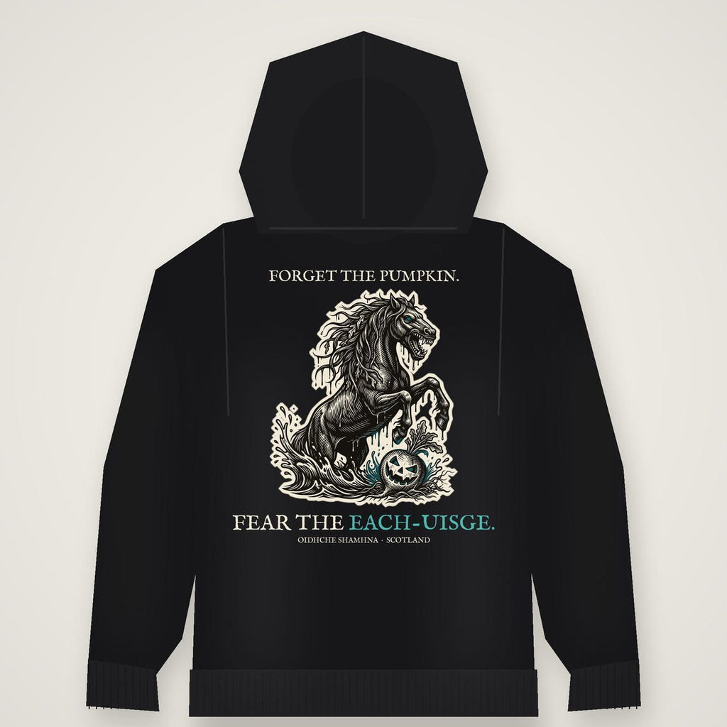 Kelpie Each-Uisge Hoodie, Scottish Folklore Halloween Outfit, Woodcut Print (Jet Black)