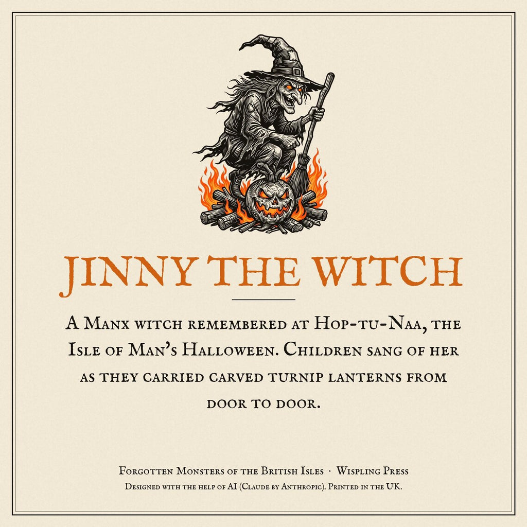 Jinny the Witch Halloween Hoodie, Manx Folklore Woodcut Print, Hop-tu-Naa Gift