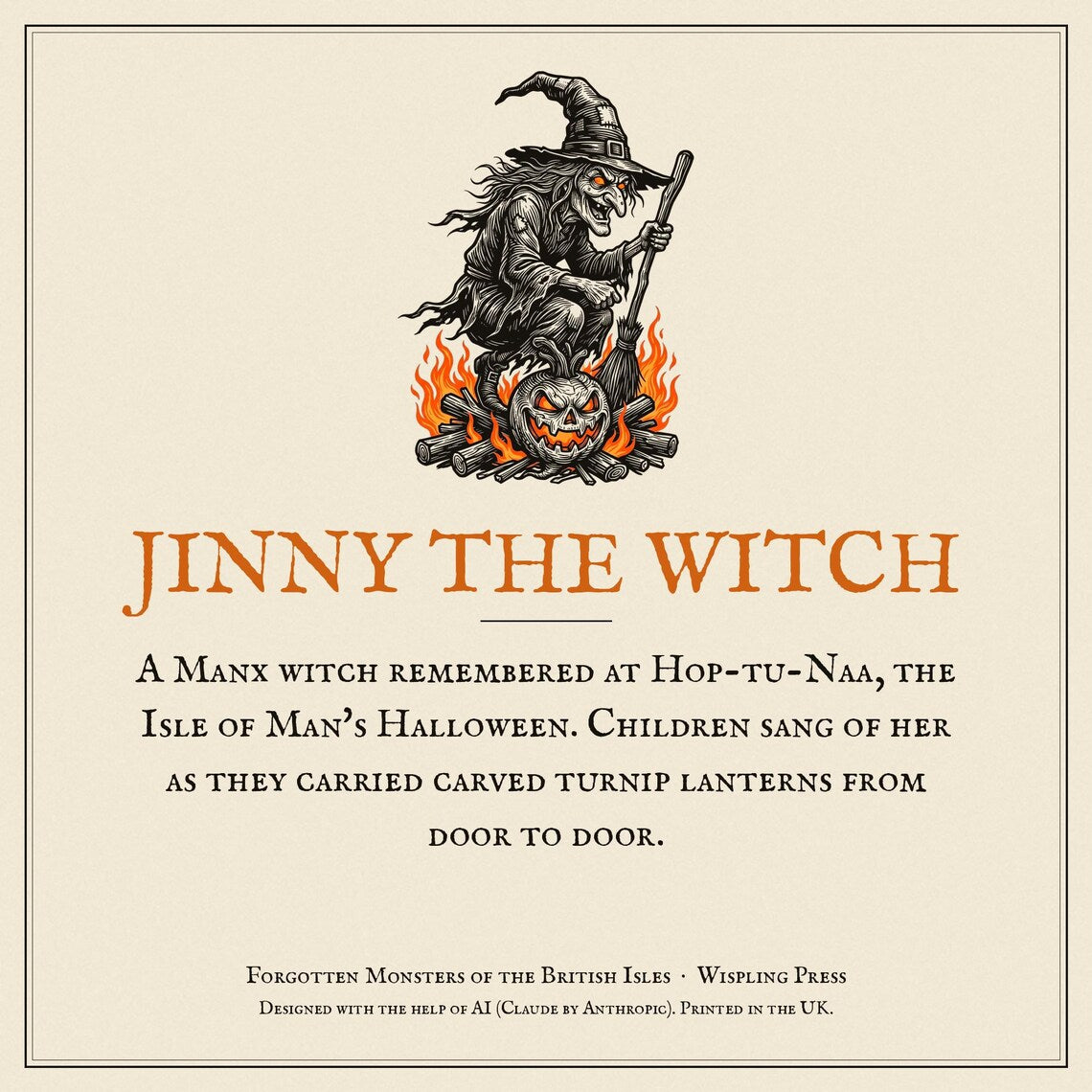 Jinny the Witch Halloween Hoodie, Manx Folklore Woodcut Print, Hop-tu-Naa Gift