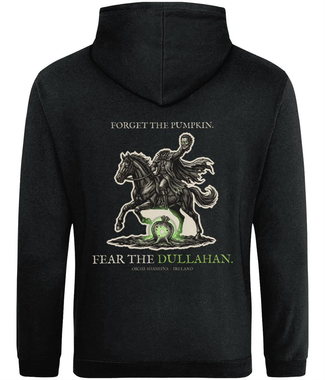 Headless Horseman Dullahan Hoodie, Irish Folklore Halloween Outfit, Woodcut Print (Jet Black)