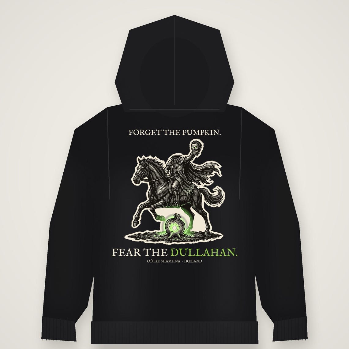 Headless Horseman Dullahan Hoodie, Irish Folklore Halloween Outfit, Woodcut Print (Jet Black)