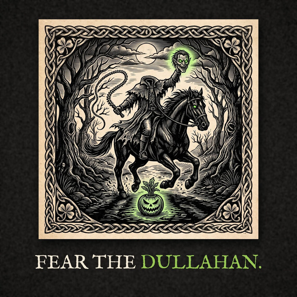 Headless Horseman Dullahan Hoodie, Irish Folklore Halloween Outfit, Woodcut Print (Jet Black)
