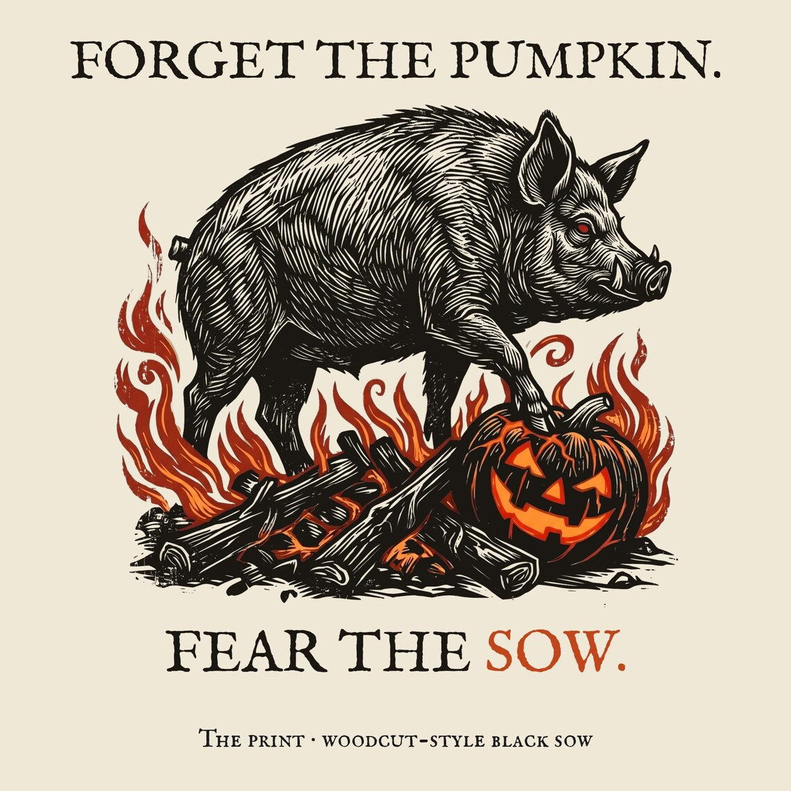 Welsh Folklore Halloween Tote, Black Sow Woodcut, Gothic Cot