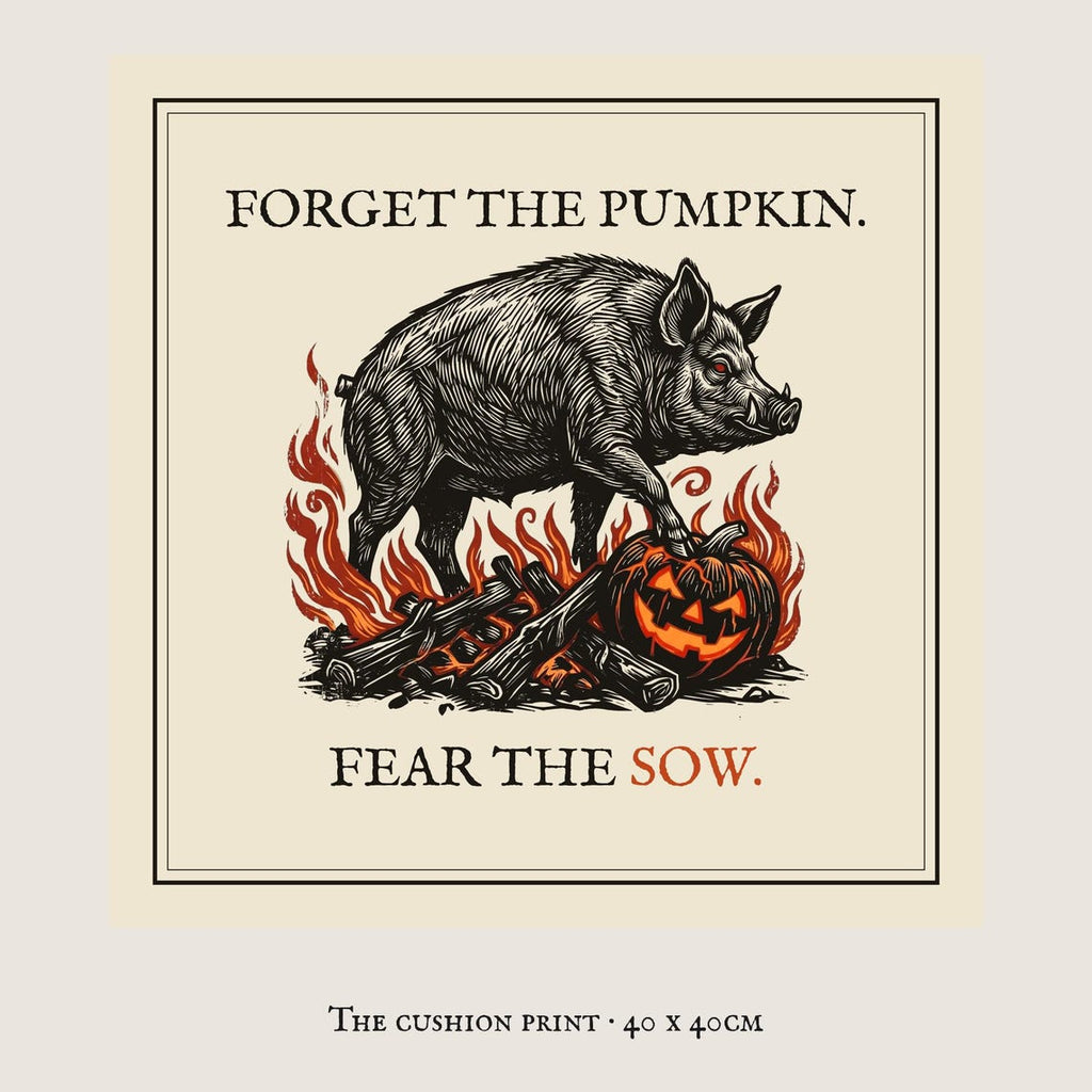 Welsh Folklore Halloween Cushion, Black Sow Woodcut, Gothic 