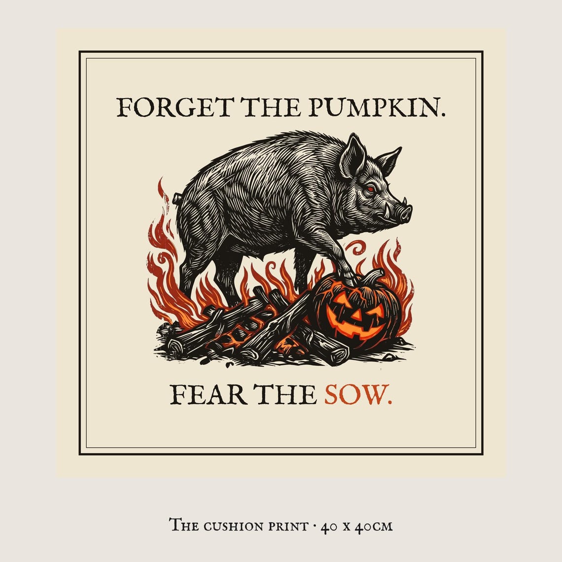 Welsh Folklore Halloween Cushion, Black Sow Woodcut, Gothic 