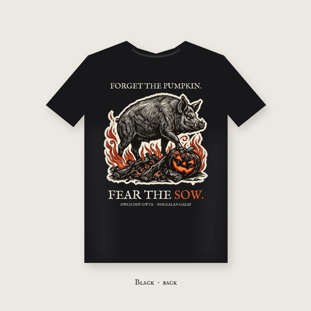 Welsh Folklore Halloween T-Shirt, Black Sow Woodcut Print