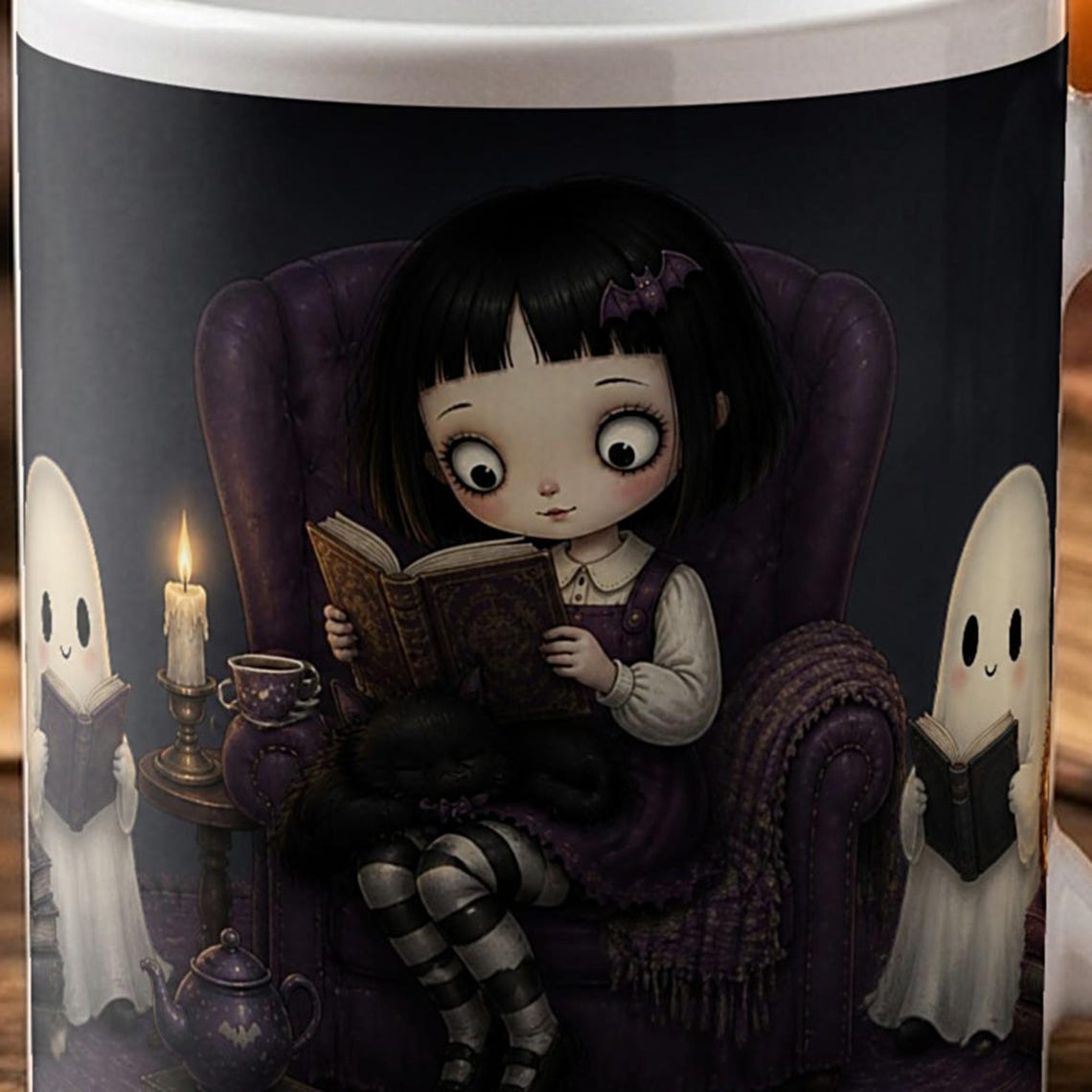 Gothic Girl Reading Mug, Black Cat, Ghosts, Book Lover Gift (11oz)