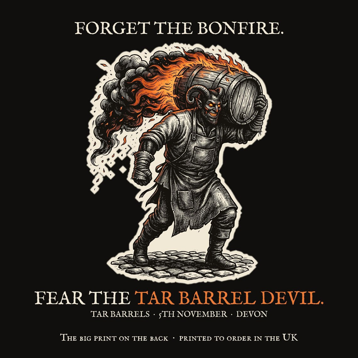 Tar Barrel Devil T-Shirt, Bonfire Night Folk Horror T-Shirt, 5th November Gift | Forget The Pumpkin