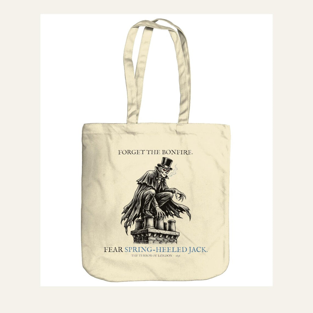 Spring-Heeled Jack Tote Bag, British Folklore Horror, Woodcut Style (Organic Cotton)