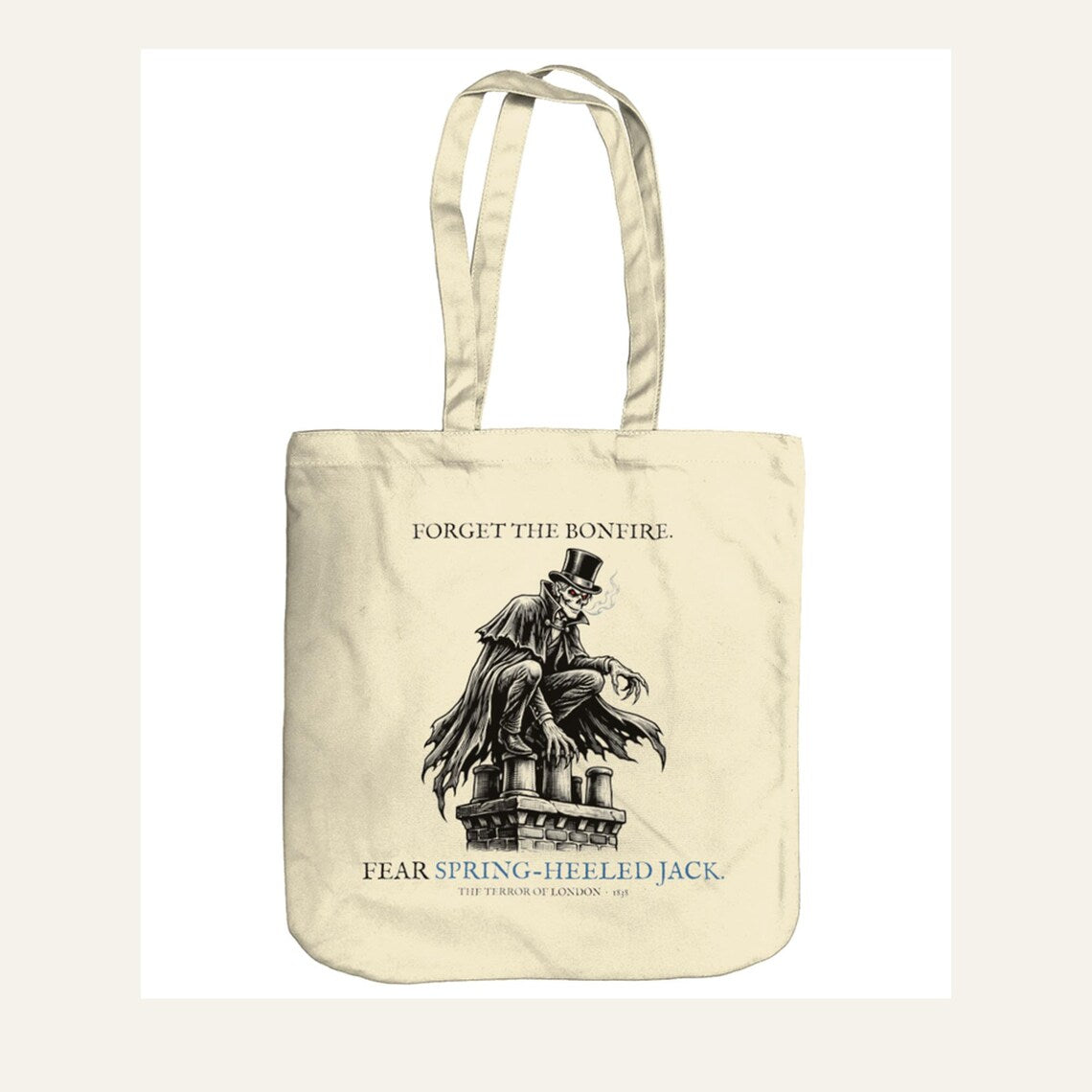Spring-Heeled Jack Tote Bag, British Folklore Horror, Woodcut Style (Organic Cotton)