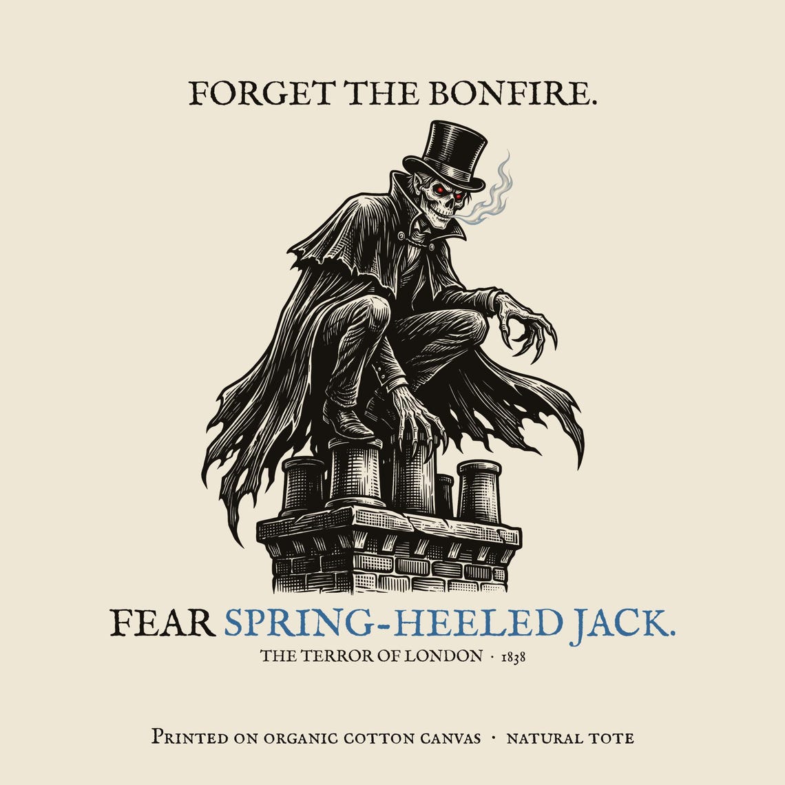 Spring-Heeled Jack Tote Bag, British Folklore Horror, Woodcut Style (Organic Cotton)