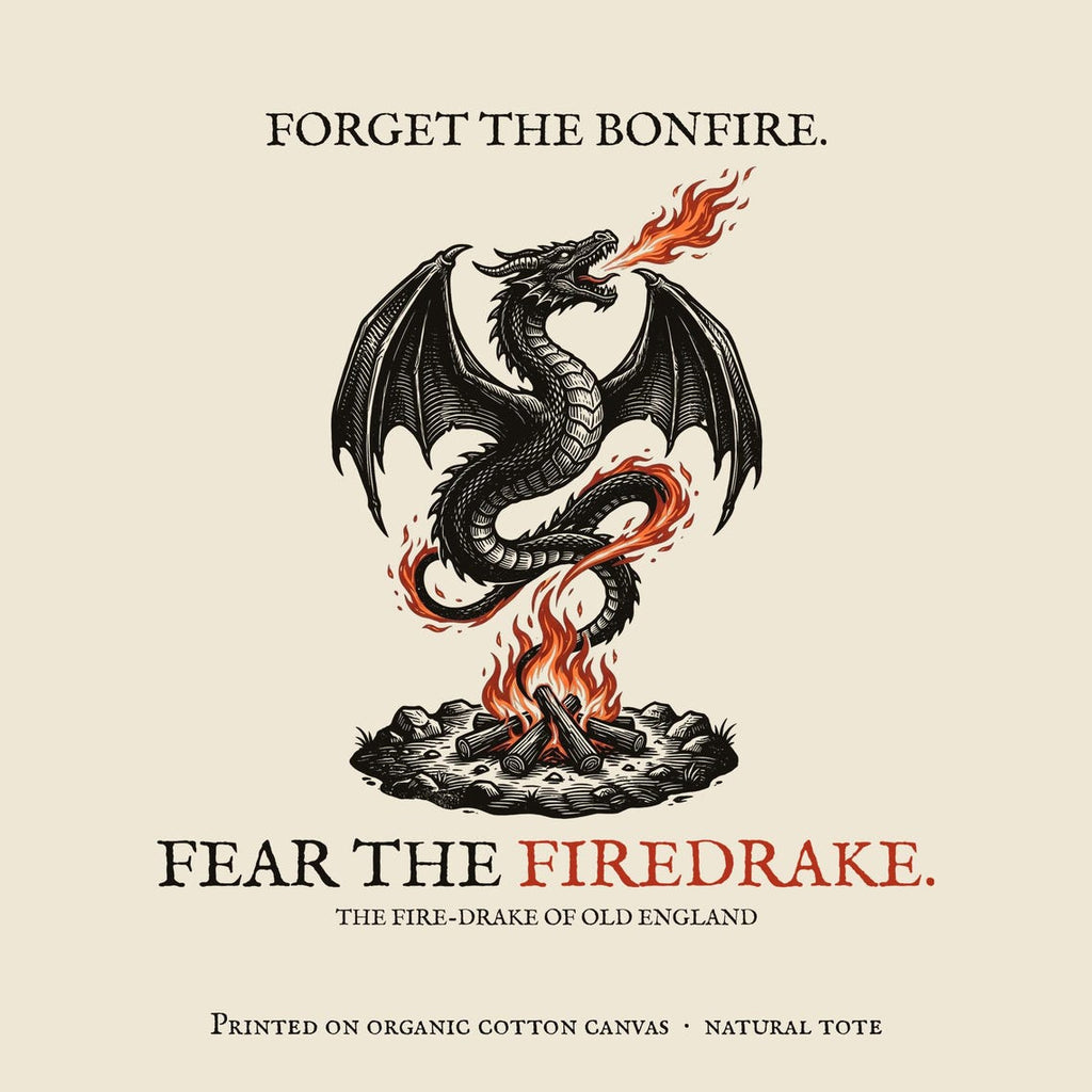 Firedrake Dragon Tote Bag, Bonfire Night Folk Horror, Woodcut Style (Organic Cotton)
