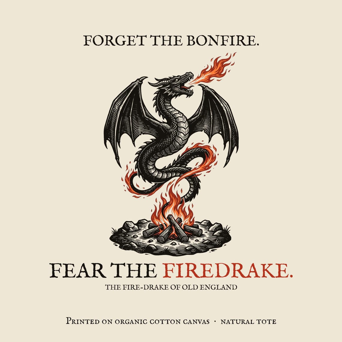 Firedrake Dragon Tote Bag, Bonfire Night Folk Horror, Woodcut Style (Organic Cotton)