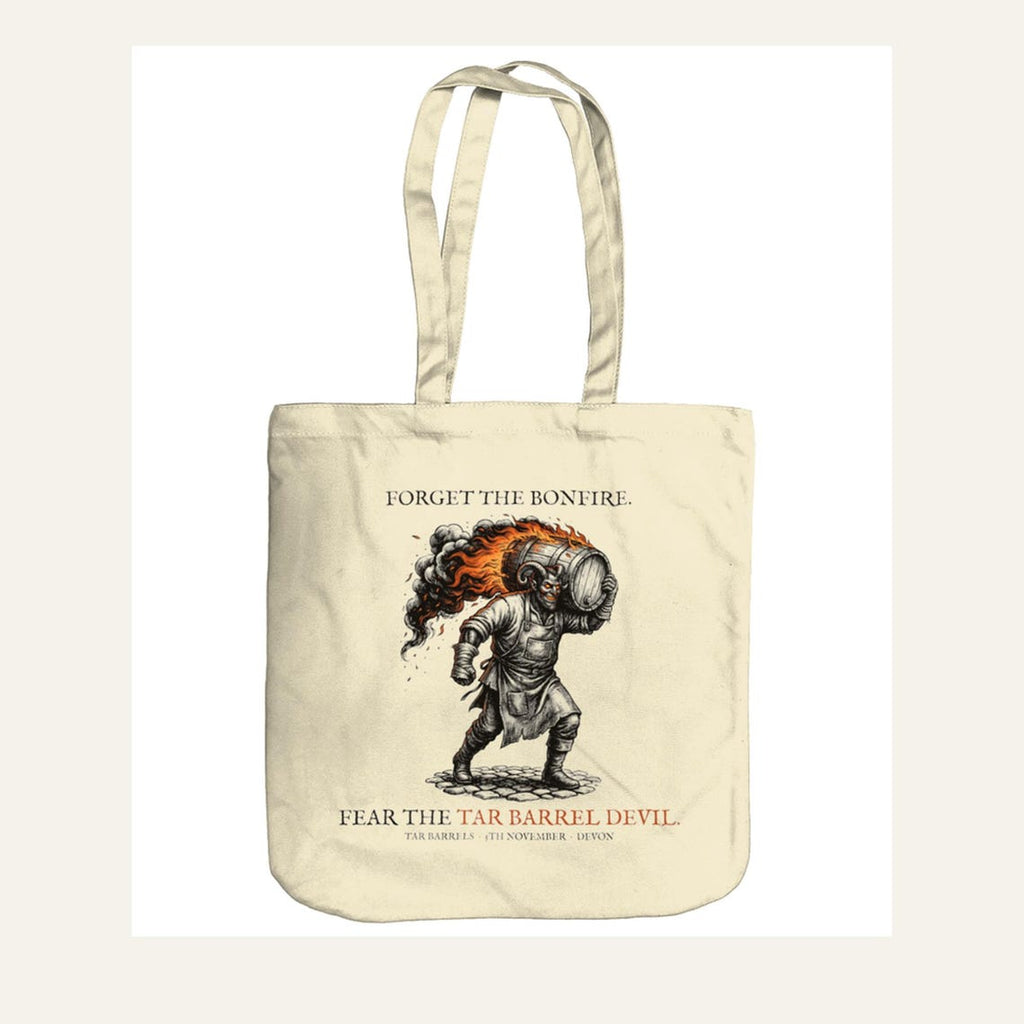 Tar Barrel Devil Tote Bag, Bonfire Night Folk Horror, Woodcut Style (Organic Cotton)