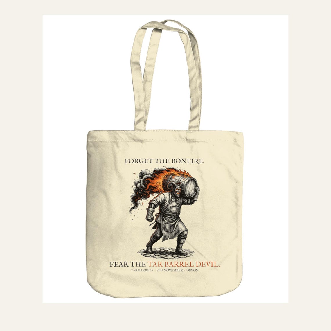 Tar Barrel Devil Tote Bag, Bonfire Night Folk Horror, Woodcut Style (Organic Cotton)