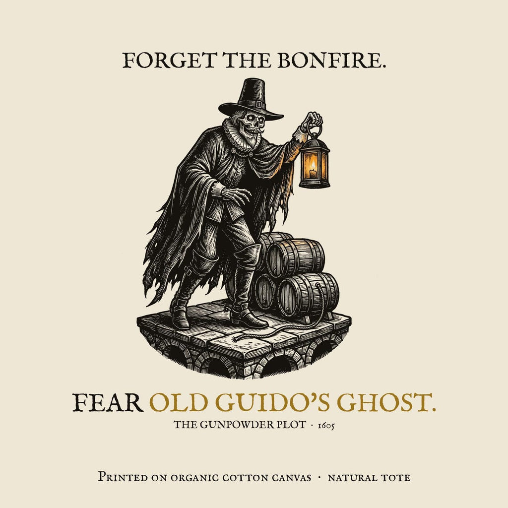 Old Guido's Ghost Tote Bag, Bonfire Night Folklore, Woodcut Style (Organic Cotton)