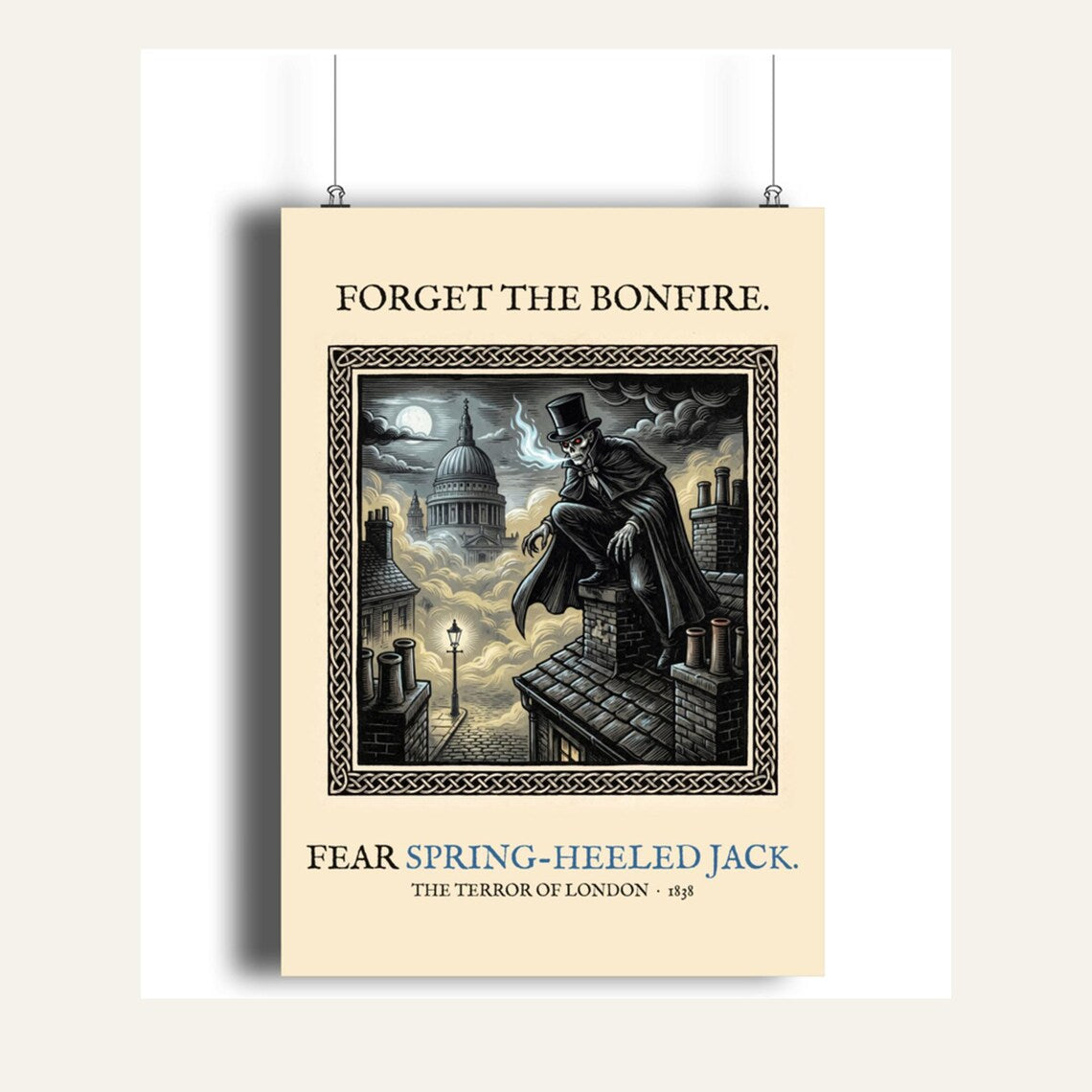 Spring-Heeled Jack A4 Art Print, Bonfire Night Folk Horror, Woodcut Style (Giclée Print)