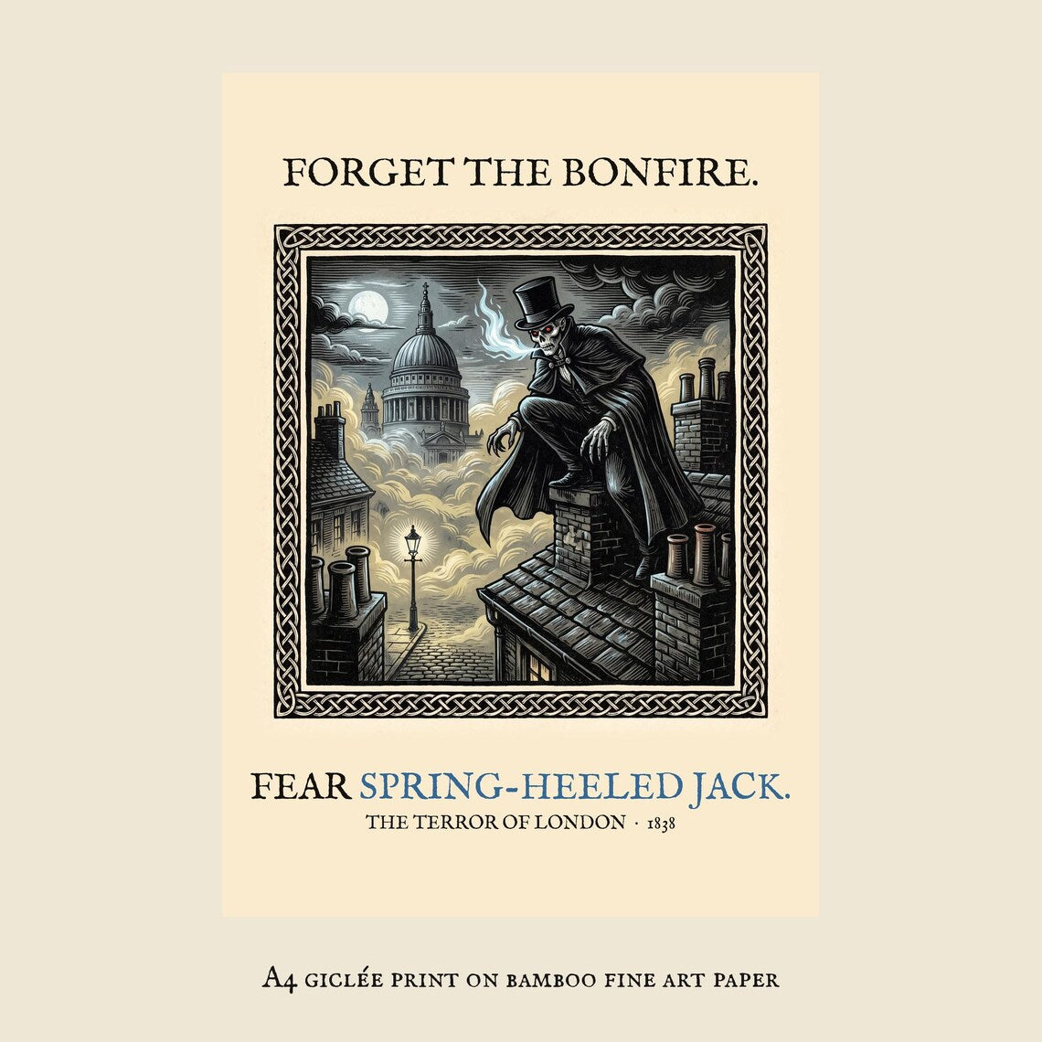 Spring-Heeled Jack A4 Art Print, Bonfire Night Folk Horror, Woodcut Style (Giclée Print)