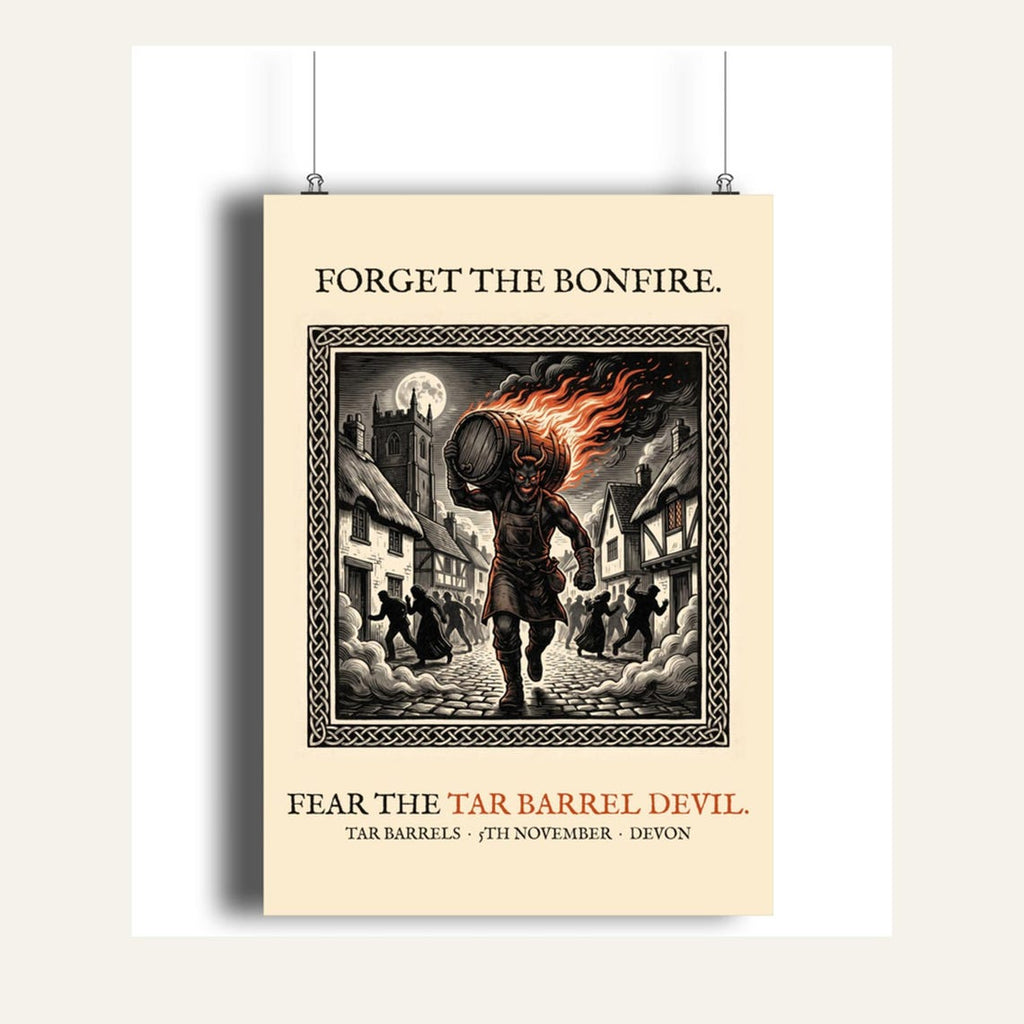 Tar Barrel Devil A4 Art Print, Bonfire Night Folk Horror, Woodcut Style (Giclée Print)