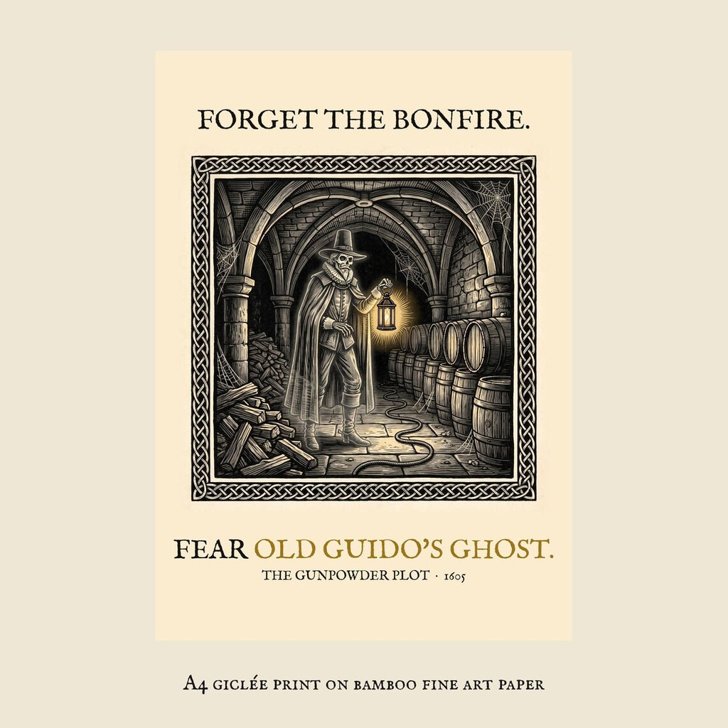 Old Guido's Ghost A4 Art Print, Bonfire Night Folklore, Woodcut Style (Giclée Print)