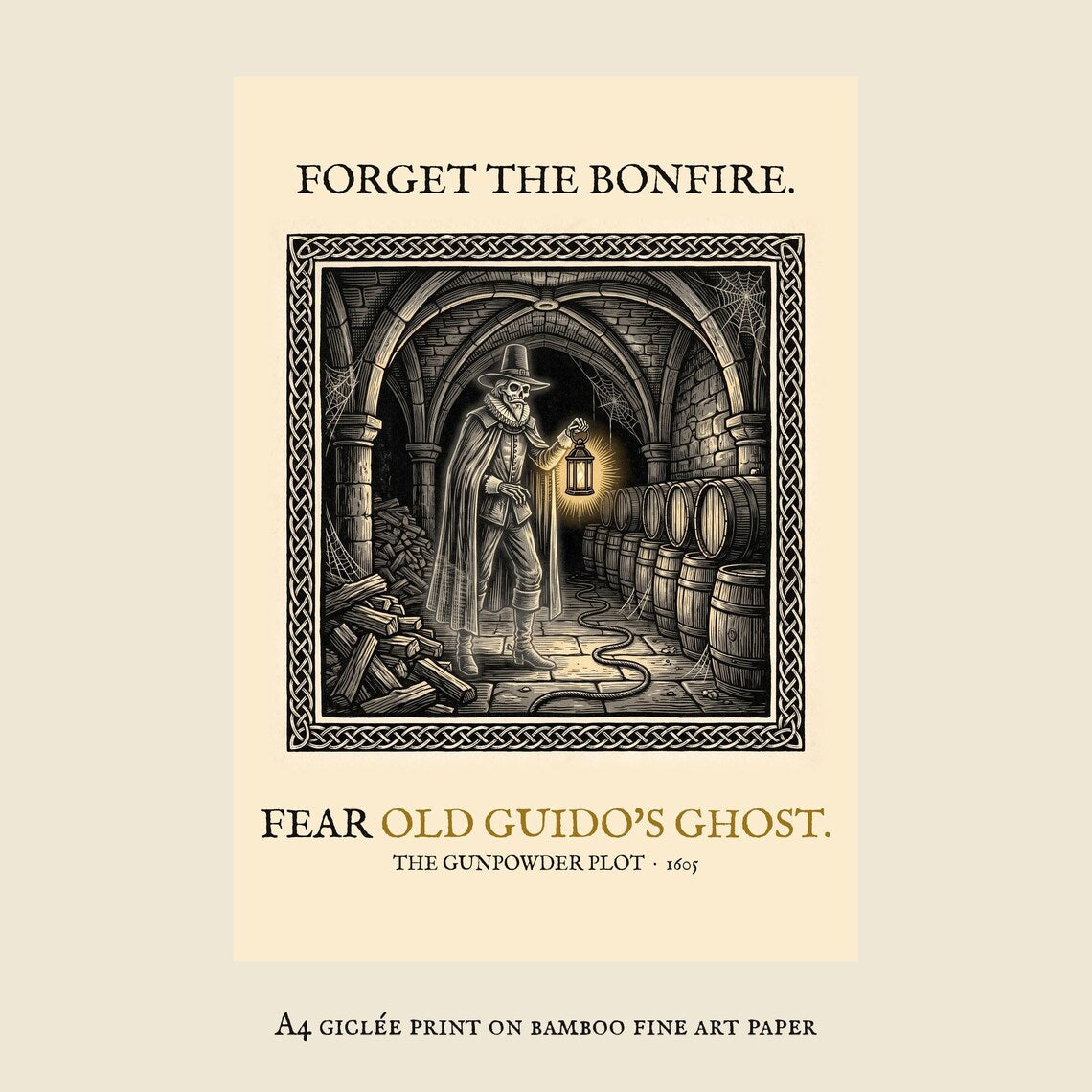 Old Guido's Ghost A4 Art Print, Bonfire Night Folklore, Woodcut Style (Giclée Print)