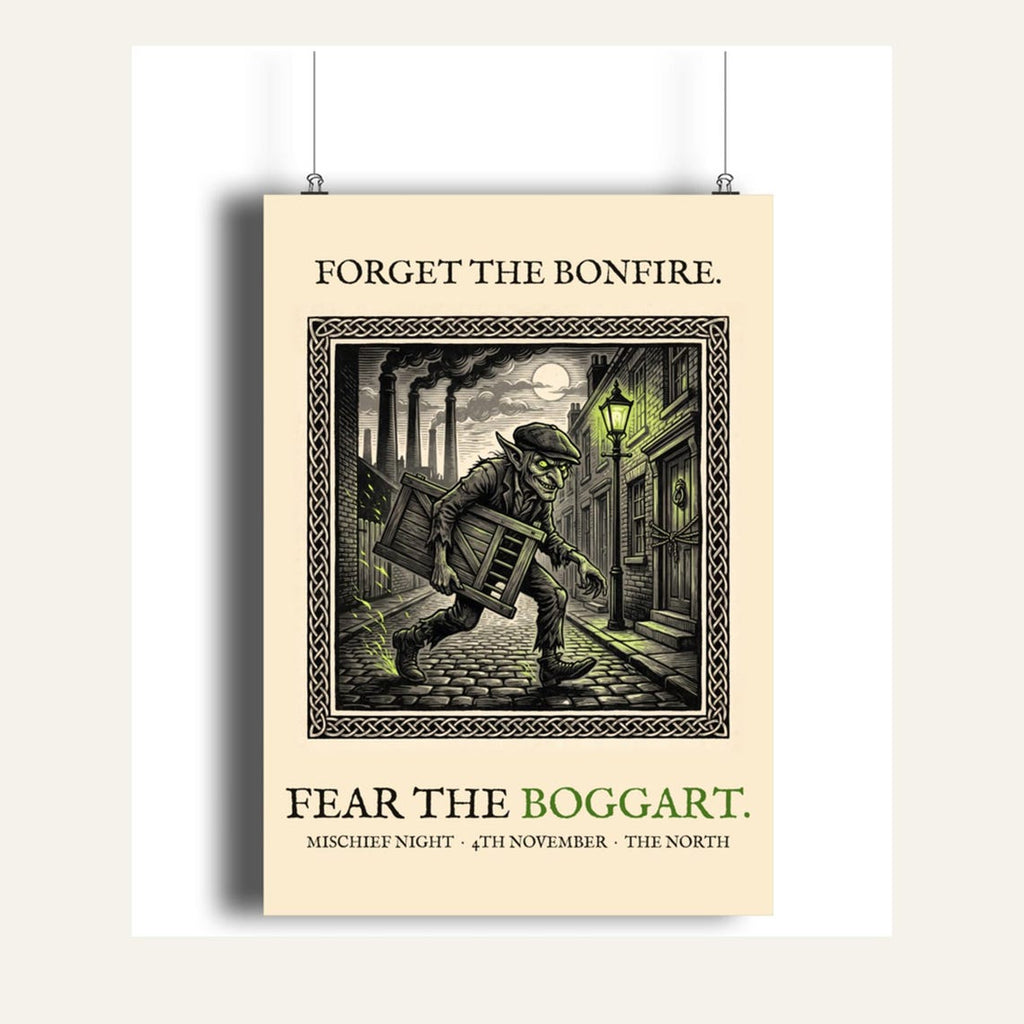 Boggart Mischief Night Art Print, Yorkshire Folklore Woodcut, 5th November Gift (A4)