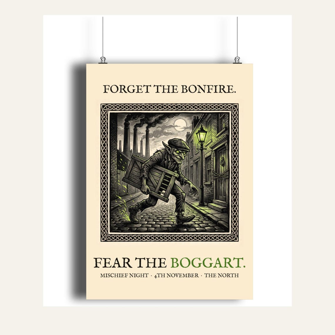 Boggart Mischief Night Art Print, Yorkshire Folklore Woodcut, 5th November Gift (A4)