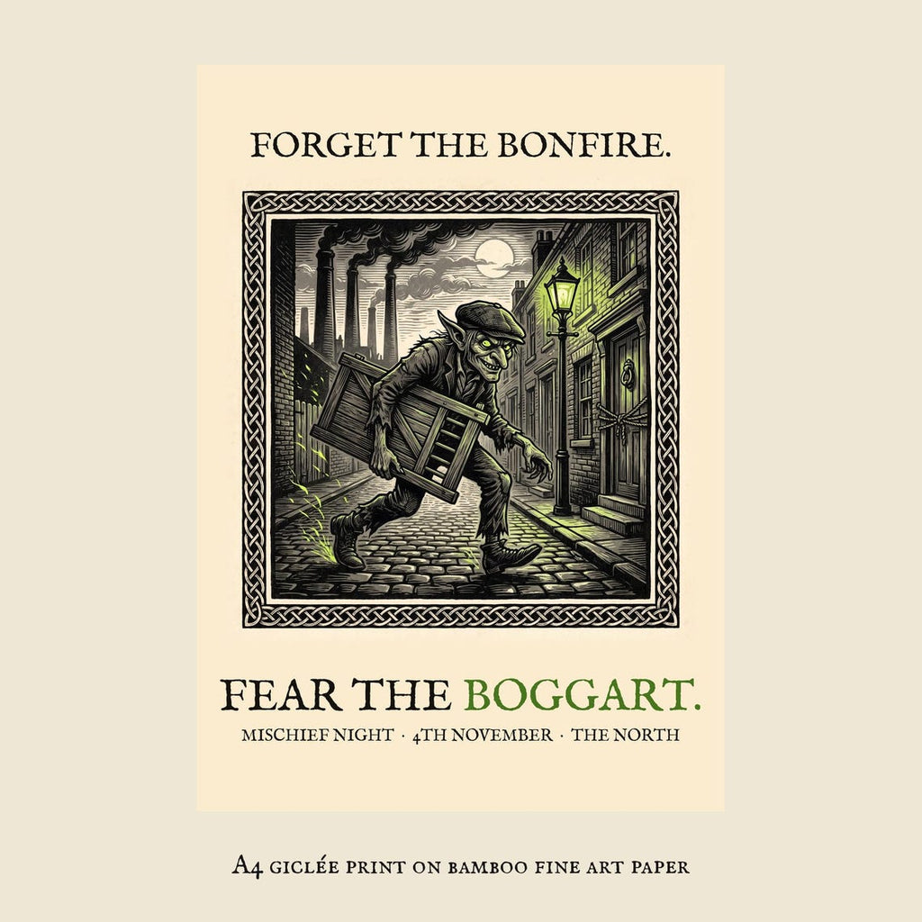 Boggart Mischief Night Art Print, Yorkshire Folklore Woodcut, 5th November Gift (A4)
