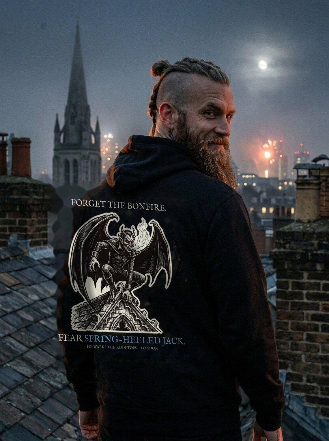 Spring-Heeled Jack Hoodie, Victorian Folklore Monster, Woodcut Style, Bonfire Night Gift