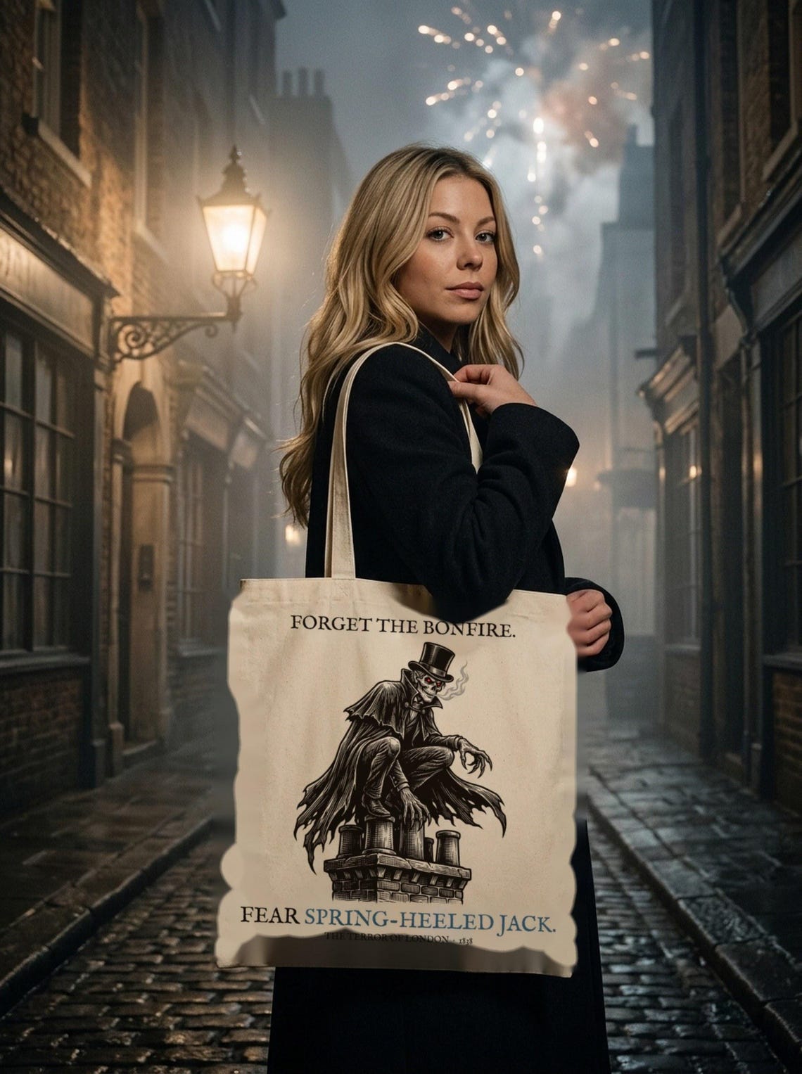 Spring-Heeled Jack Tote Bag, British Folklore Horror, Woodcut Style (Organic Cotton)