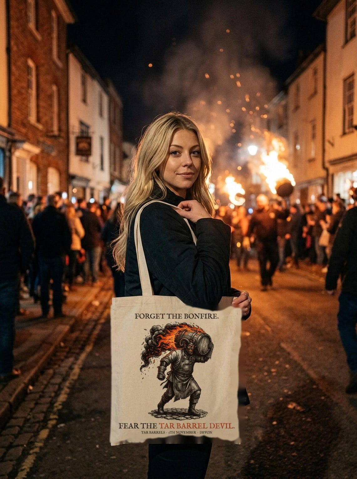 Tar Barrel Devil Tote Bag, Bonfire Night Folk Horror, Woodcut Style (Organic Cotton)