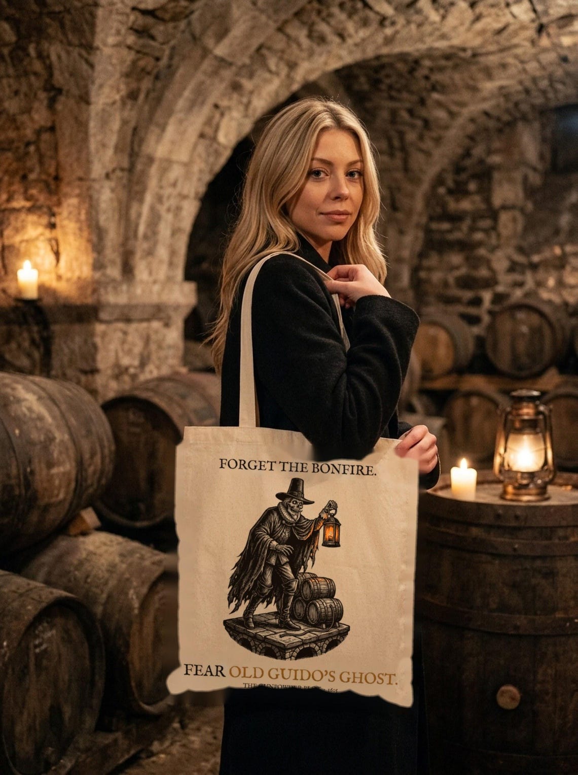 Old Guido's Ghost Tote Bag, Bonfire Night Folklore, Woodcut Style (Organic Cotton)