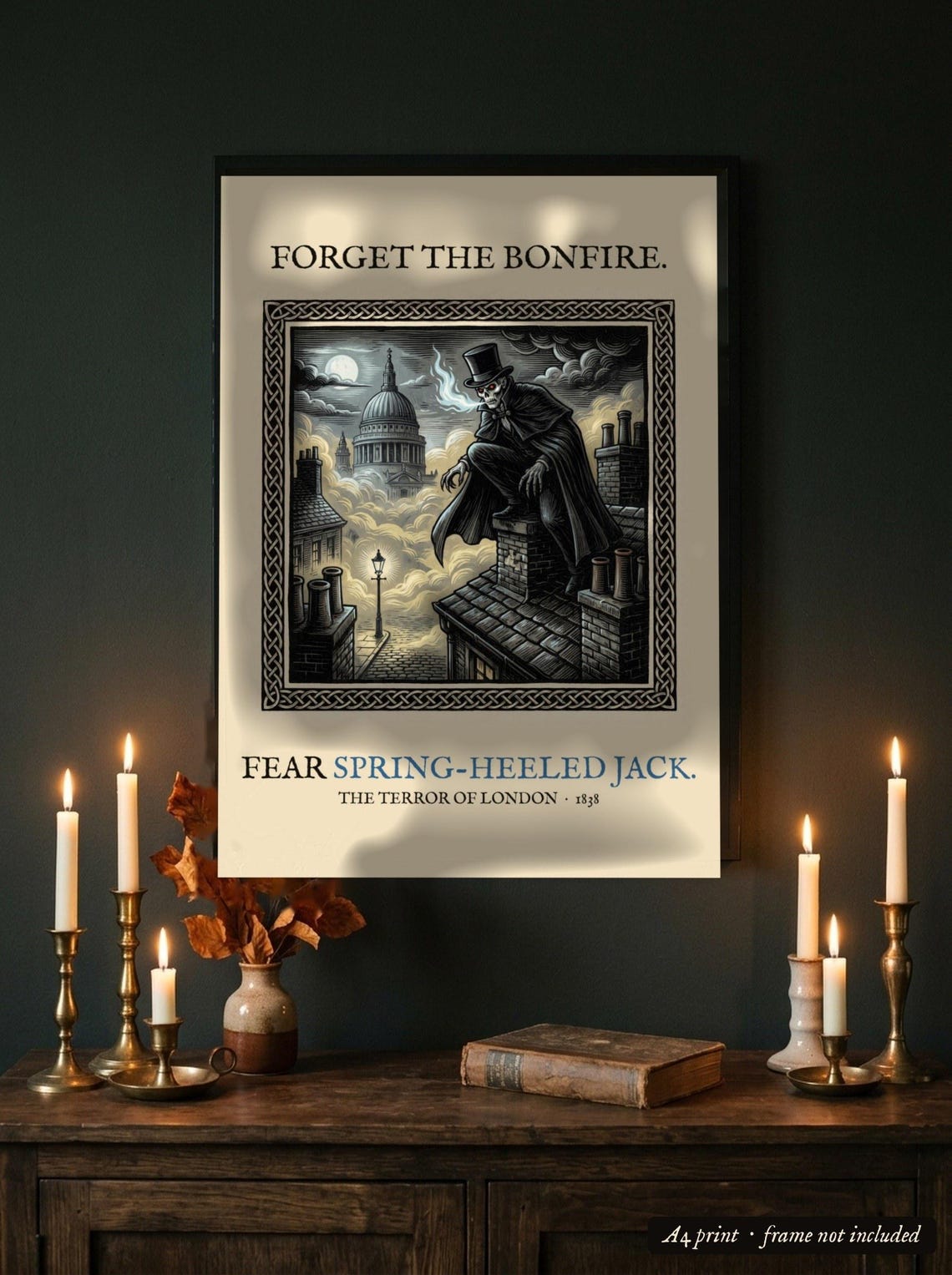 Spring-Heeled Jack A4 Art Print, Bonfire Night Folk Horror, Woodcut Style (Giclée Print)