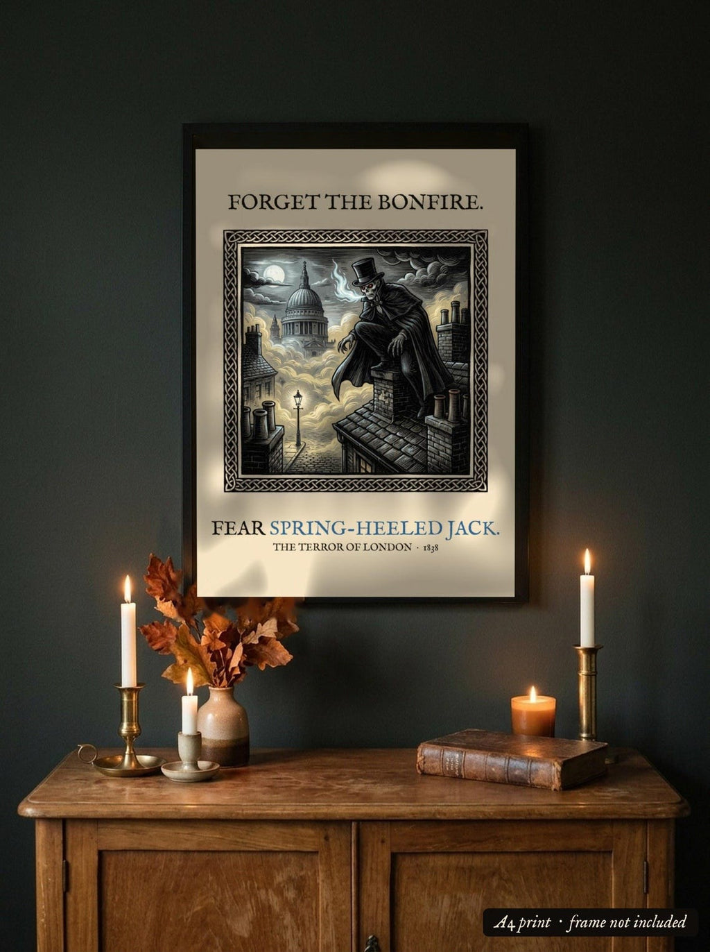 Spring-Heeled Jack A4 Art Print, Bonfire Night Folk Horror, Woodcut Style (Giclée Print)