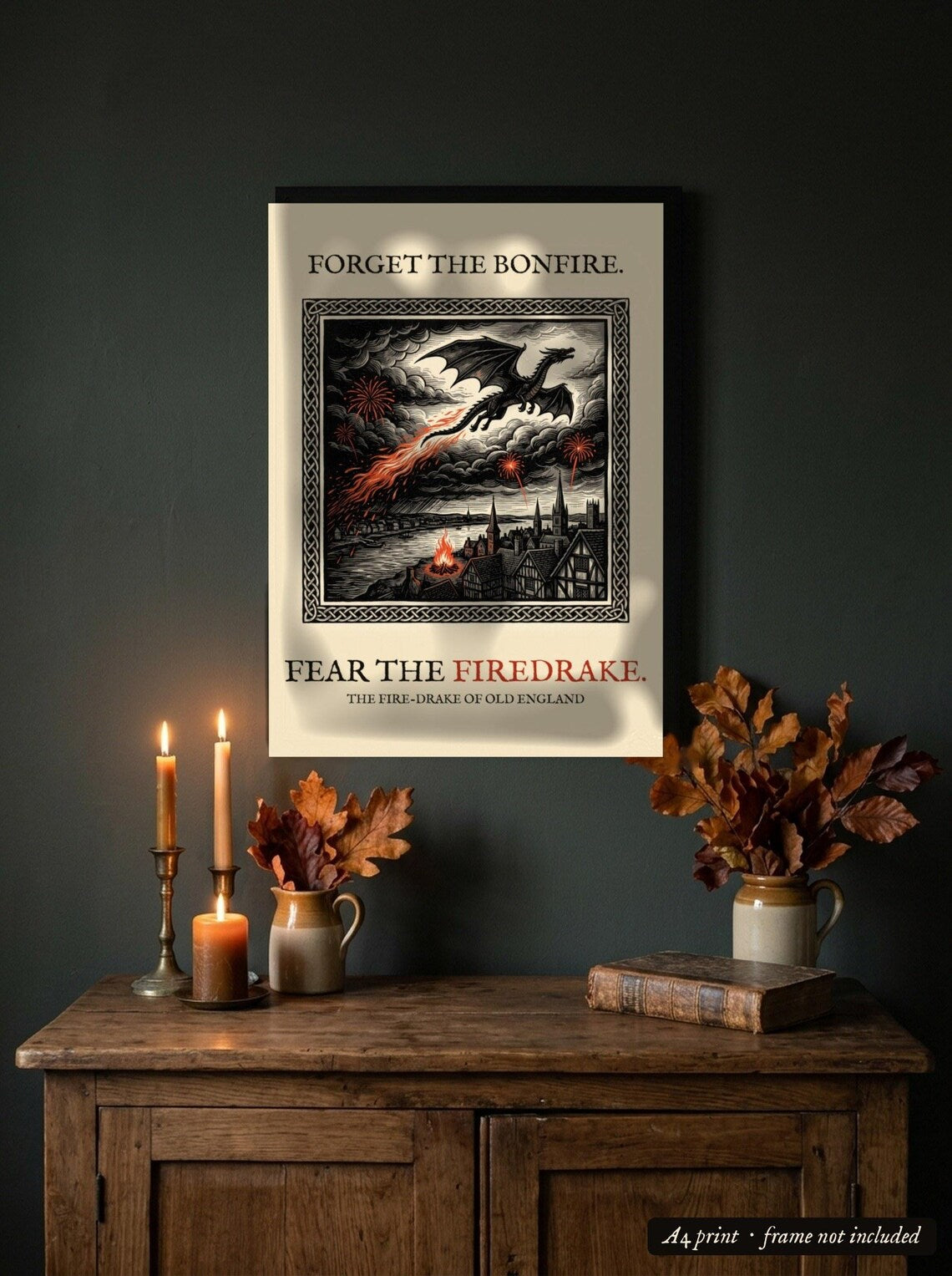 Firedrake Dragon Art Print, Bonfire Night Folk Horror, Woodcut Style (A4 Giclée)