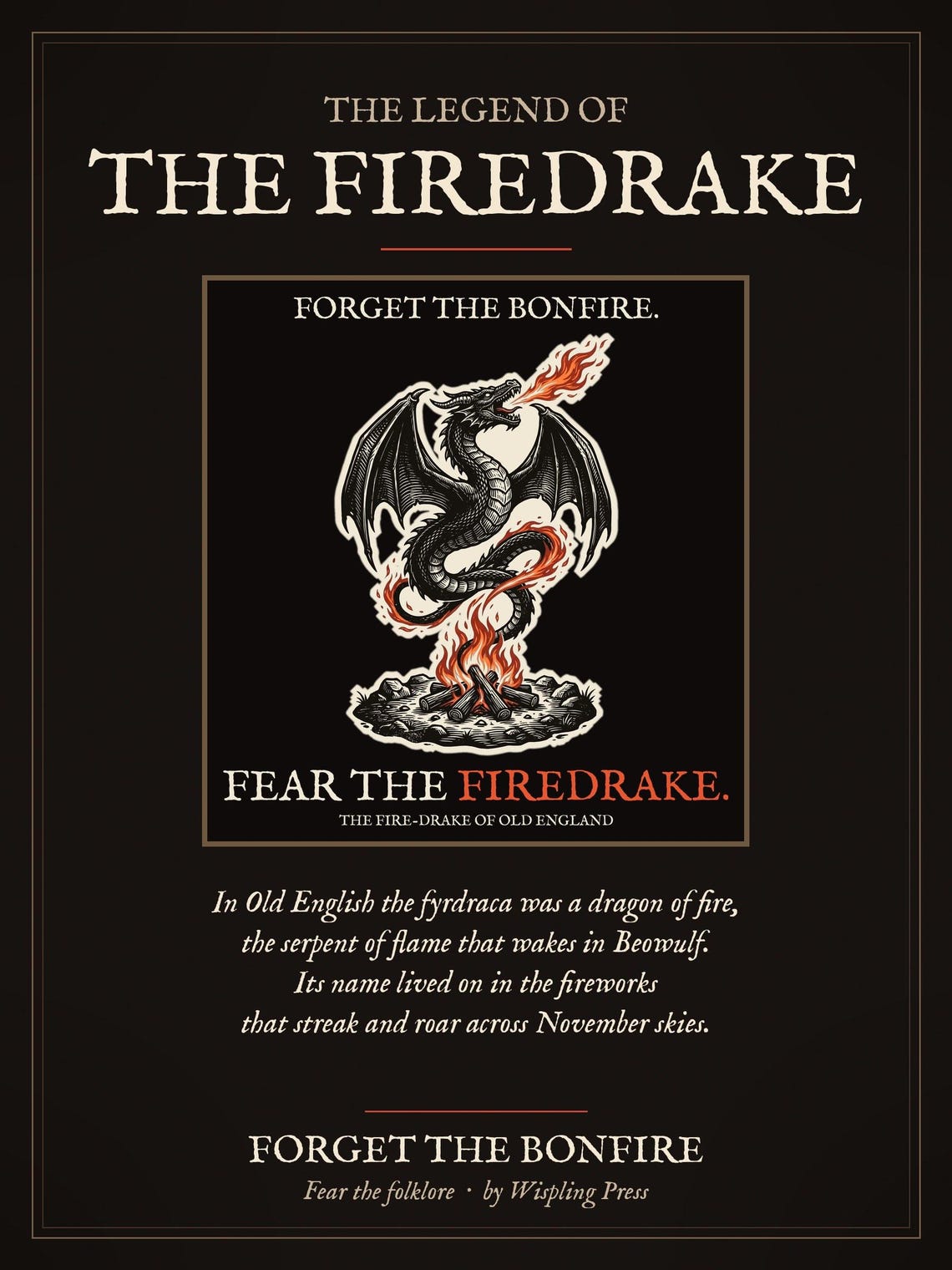 Firedrake Dragon Art Print, Bonfire Night Folk Horror, Woodcut Style (A4 Giclée)