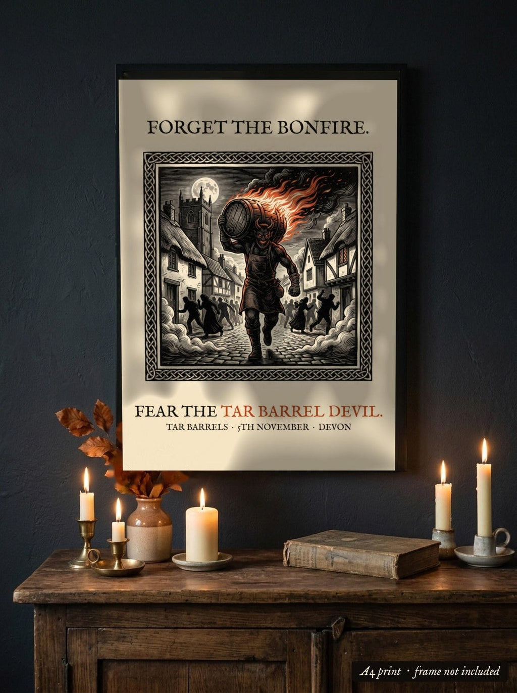 Tar Barrel Devil A4 Art Print, Bonfire Night Folk Horror, Woodcut Style (Giclée Print)