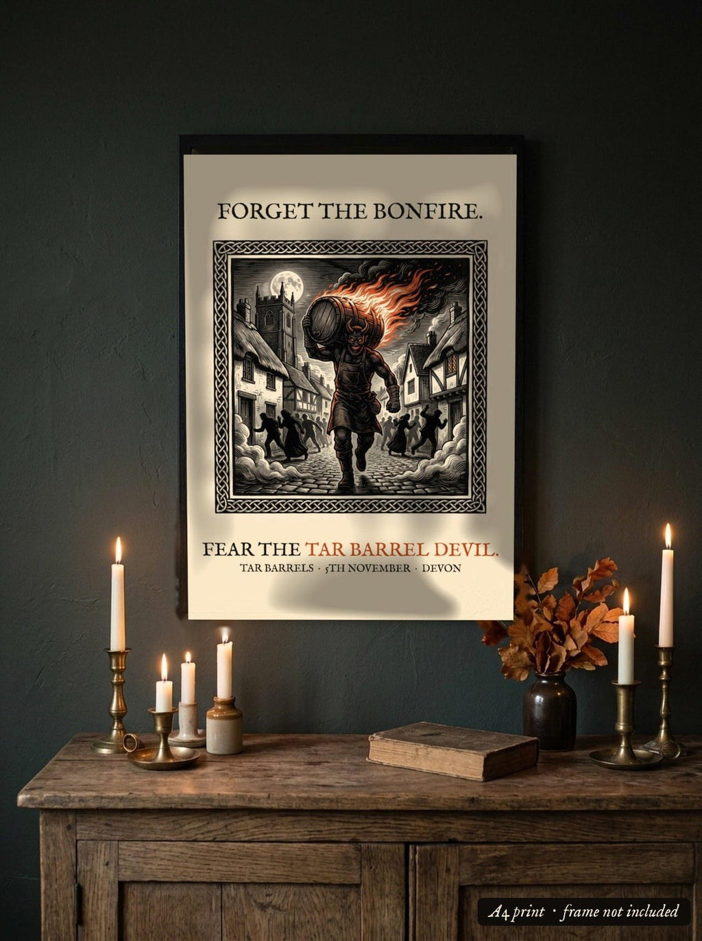 Tar Barrel Devil A4 Art Print, Bonfire Night Folk Horror, Woodcut Style (Giclée Print)