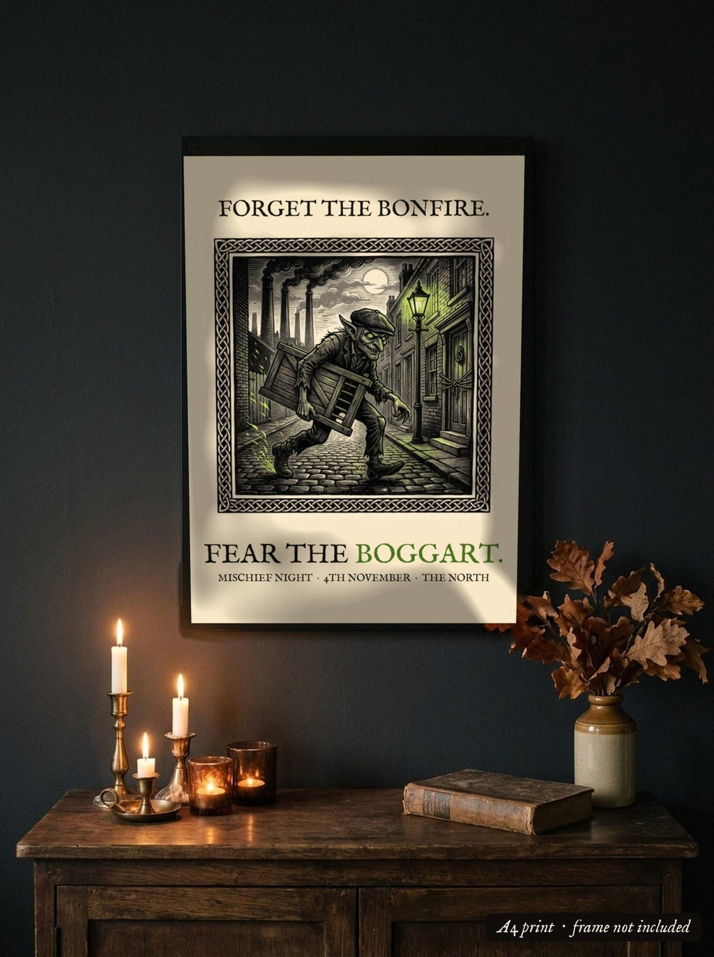 Boggart Mischief Night Art Print, Yorkshire Folklore Woodcut, 5th November Gift (A4)