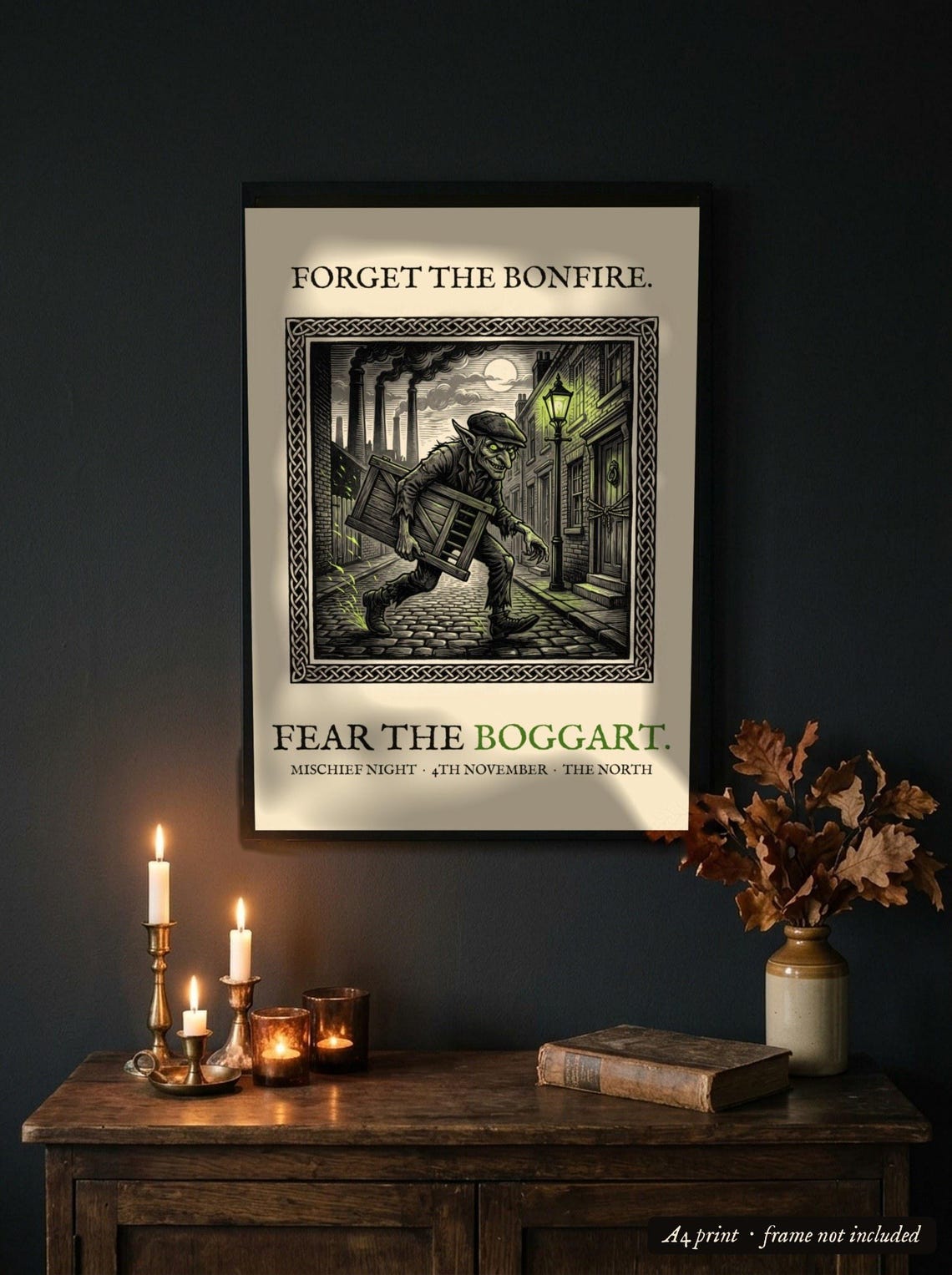Boggart Mischief Night Art Print, Yorkshire Folklore Woodcut, 5th November Gift (A4)