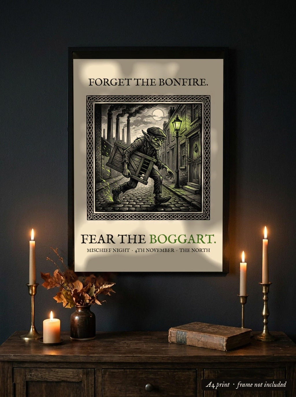 Boggart Mischief Night Art Print, Yorkshire Folklore Woodcut, 5th November Gift (A4)