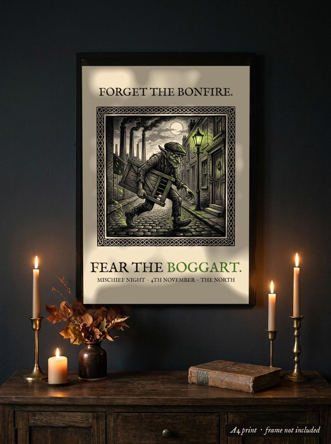Boggart Mischief Night Art Print, Yorkshire Folklore Woodcut, 5th November Gift (A4)